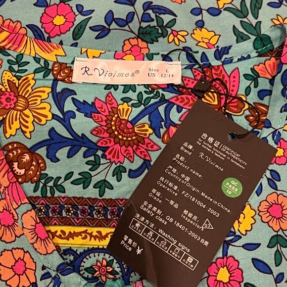 R. Vivimos Long Sleeve Floral Print Boho Midi Dress, NWT, Blue Green, L 12/14 - Picture 5 of 9